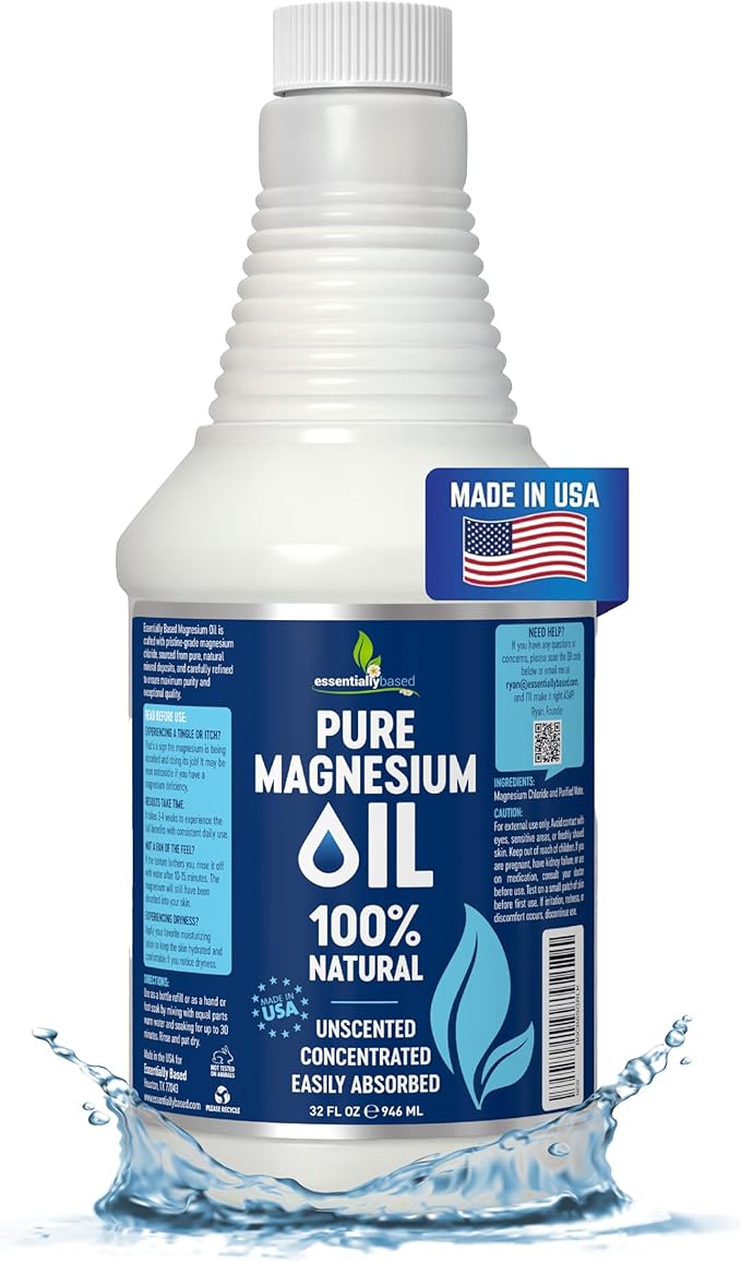 Pure Magnesium Oil Spray 32oz - Topical Magnesium Spray for Sleep & Feet - Extra Strength - USP Grade - 100% Natural and Organic Oil for Muscle Pain & Cramps - No Sprayer Included - Made in USA
