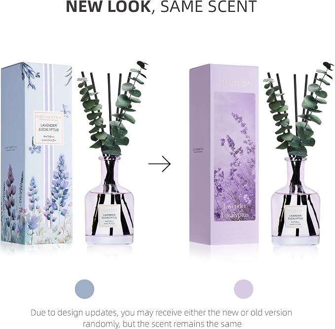 COCORRÍNA Lavender Eucalyptus Reed Diffuser – 6.76 oz Essential Oil with 8 Reeds & Real Eucalyptus Sticks, Home Fragrance for Bedroom or Bathroom Décor