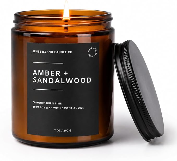 Amber Sandalwood Scented Candles for Men&Women | Natural Soy Candle 7oz, up to 50 Hrs Burn Time Sweet Amber & Authentic Sandalwood Aroma