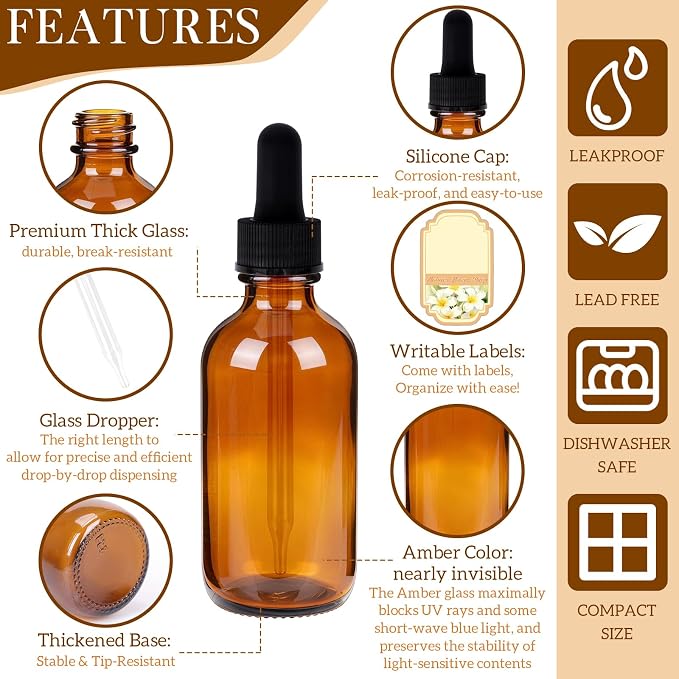 STAERSIDE 48-Pack 2 oz Amber Glass Dropper Bottles, Leakproof & Durable for Essential Oils & Craft Use, Complete Kit with Funnel, Brush, Labels, Extra Droppers & Measuring Cup