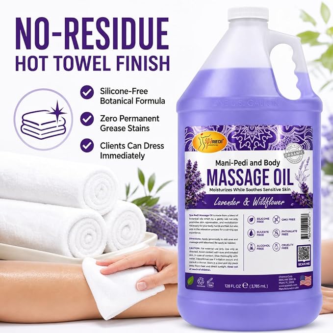 SPA REDI - Massage Oil, Lavender Wildflower, 128 Oz Professional Pedicure, Manicure, Full Body Massage Therapy With Almond Oil, Cotton Seed Oil, Sunflower Oil, Avocado Oil, Essential Oils Pkg May Vary