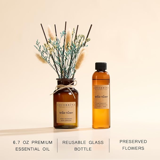 Cocorrína Reed Diffuser Set, 6.7oz Flower Reed Diffuser with Real Preserved Flowers - White Flower Scented Oil & Sticks - Long Lasting Home Fragrance for Bedroom Bathroom Shelf Decor