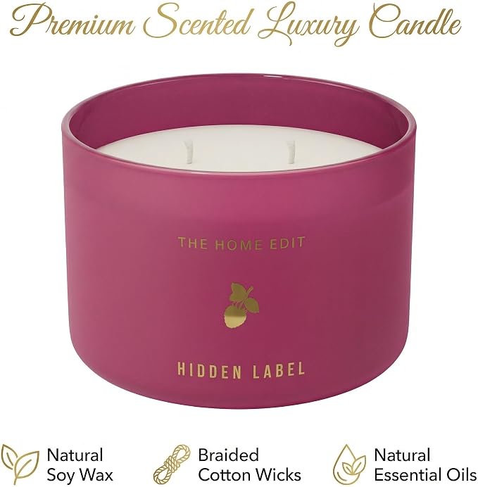 Hidden Label Raspberry Mint Pink Soy Candle, 10oz 2-Wick, 45H Clean Burn | Juicy Berry Cool Aromatherapy | Non-Toxic Vegan Phthalate-Free | Even Melt No Tunneling | Rose Frosted Reusable Gift Jar
