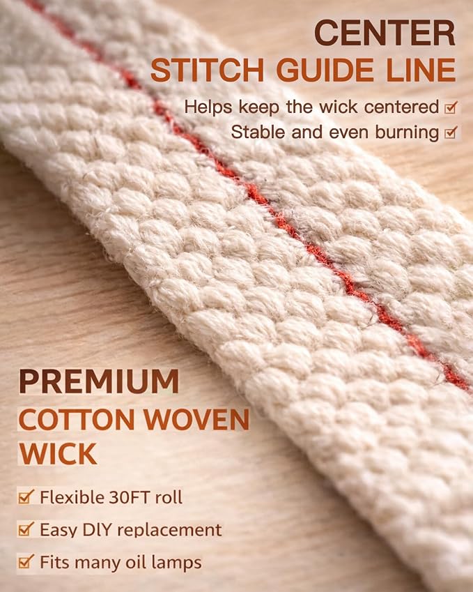 Oil Lamp Wicks, 1/2 Inch x 30 Ft, Flat Cotton Lantern Wick for Oil Lamps