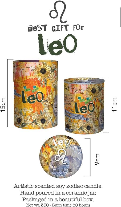 Leo Zodiac Candle – Jasmine Scented Soy Candle – Astrology Gift for Women – 80 Hour Burn – Reusable Ceramic Jar
