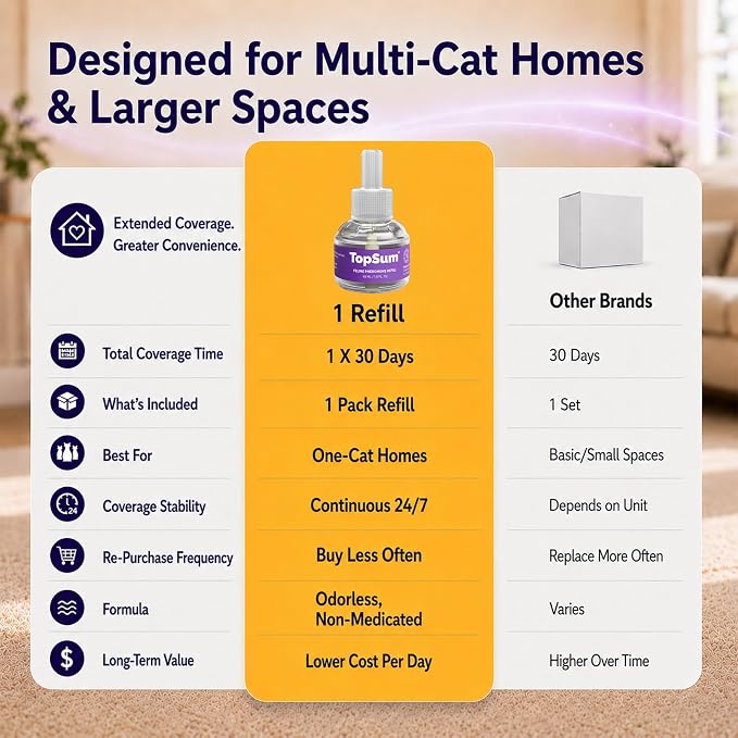 TopSum Cat Calming Pheromone Diffuser: Feline Pheromones Plug in for Stress, Alone At Home, Spraying, Fighting, Scratching, Aggression & Excessive Meowing (Purple– 1 Refill)