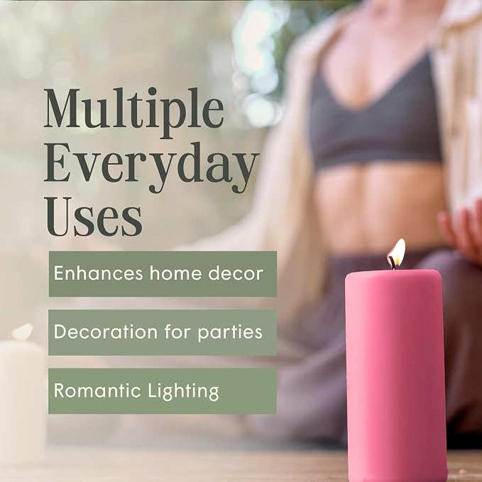 Mister Candle Dripless Unscented Pillar Candles, Set of 3 Hand Poured Pink Pillar Candles, Solid Color Non-Scented Candles for Home Decor, Premium Wax, 80 Hr Burn Time, 3x6 Inch