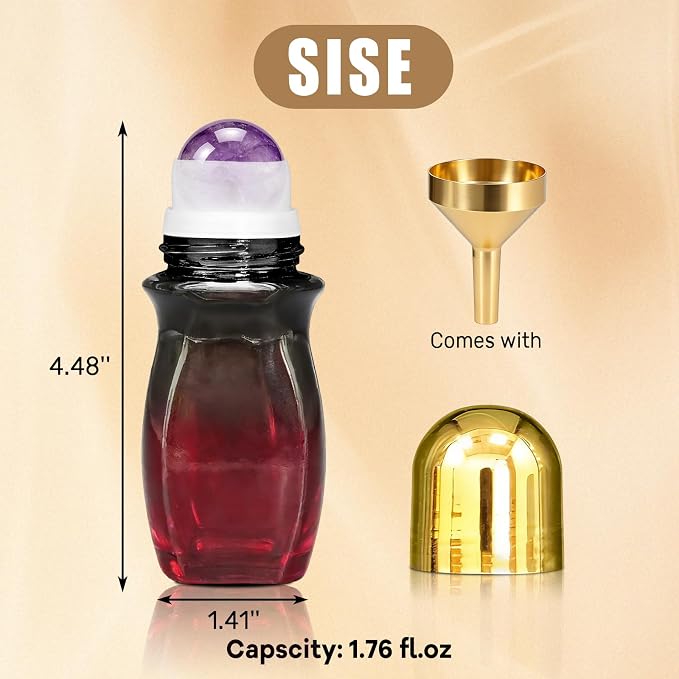 Amethyst Roller Waisted Bottles for Essential Oils,50ml Refillable Amber Glass Roll On Bottles with Natural Crystal Roller Balls, Leak-Proof Travel Perfume Bottle with Gold Caps