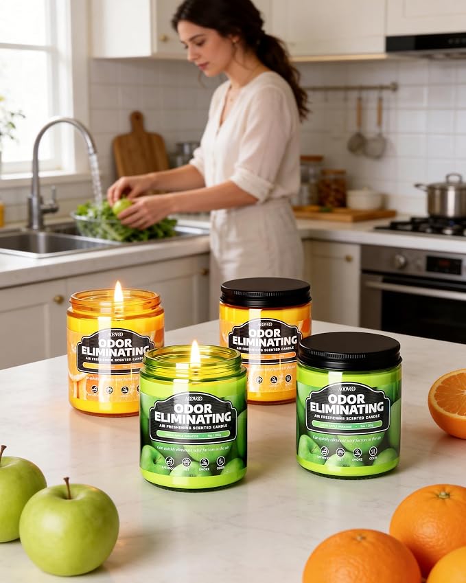 AOOVOO 4 Pack Citrus Lemon/Green Apple Odor Eliminating Highly Fragranced Candle - Eliminates 95% of Pet, Smoke, Food, and Other Smells Quickly, Non Toxic Air Freshing Soy Candle
