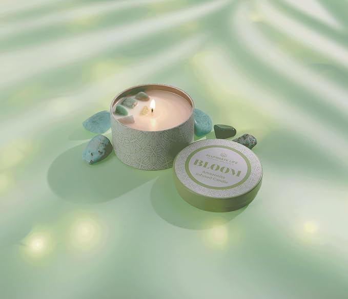 – Bloom Crystal-Infused Scented Candle Tin with Healing Amazonite - Lavender, Neroli & Jasmine, Hand-Poured Premium Coconut Wax, Luxury Gift, 6 oz