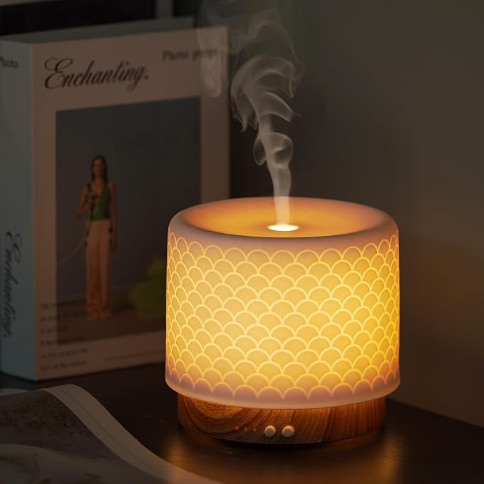 Essential Oil Diffuser - 280ml Ceramic Diffuser for Large Room & Commercial Use, 2.4MHz Aromatherapy Diffuser with Cool Mist Humidifier & Night Light, Ideal for Bedroom, Office, Yoga, Spa, Gifts