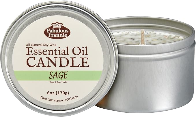 Fabulous Frannie Pure Sage Candles for Cleansing House Chakra Healing All Natural Aromatherapy Soy Candle Travel tin Made with Pure Essential Oils 100 Hours Burn time 6oz