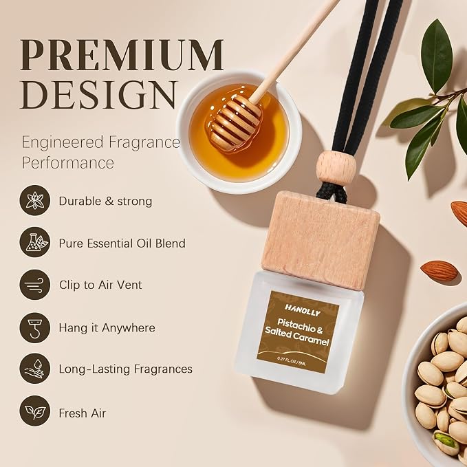 Hanolly Car Air Hanging Fragrance Oil, Car Auto Freshener for Essential Oils, Scents Fragrance Aromatherapy Automobile Diffuser, Long Lasting (Pistachio & Salted Caramel)
