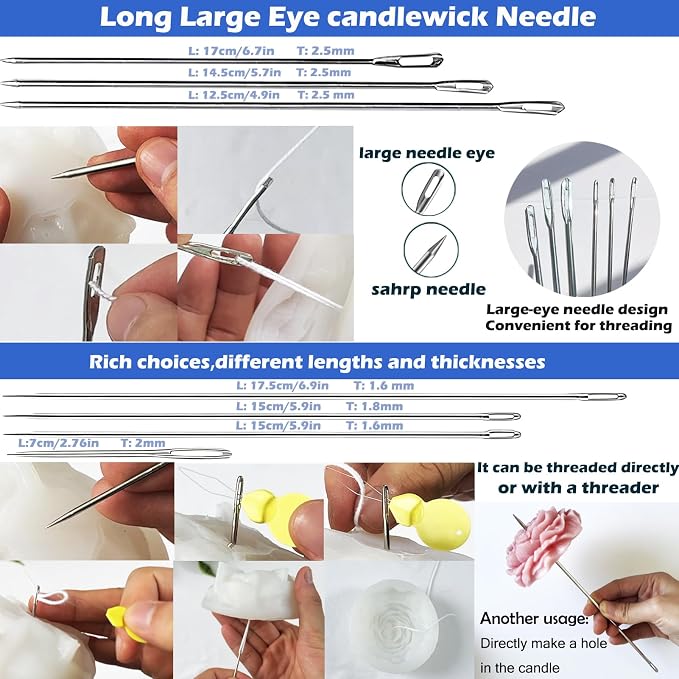 TYMKLMZG Candlewick Needle Kit with Candle Wick Trimmer 7",Mold Hook Punch Needle with Hook & Eye for Inserting Wick,Big Hole Long Needle,Candle Wick Roll 200 Ft 24 Wick Spool,Threader,Wick Holders
