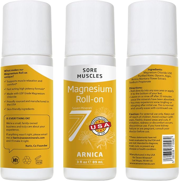 Seven Minerals Magnesium Arnica Roll On Stick - All-Natural Muscle Relaxer for Sore Muscles, Back Pain & Leg Cramps - Arnica Roll On with Magnesium for Fast Acting Pain & Muscle Relief, 3 Fl Oz