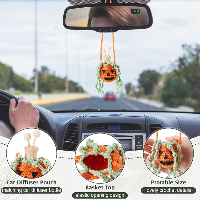 Leelosp 7 Pcs Nightmare Decoration Christmas Pumpkin Crochet Hanging Car Air Freshener with Empty Refillable Essential Oil Diffuser Bottle Clip Knitted Handmade Car Interior Ornament (8 ml, Pumpkin)