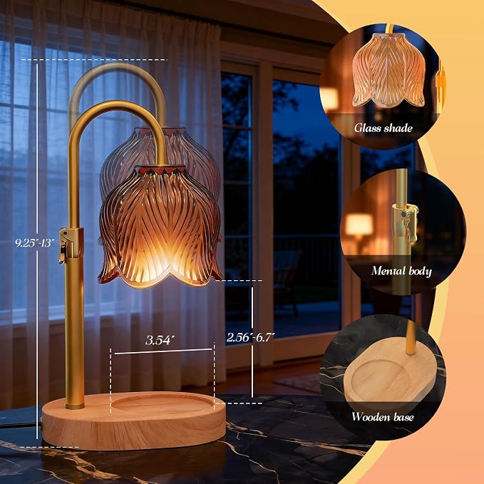 Candle Warmer Lamp with Adjustable Height - Flameless 4-Level Dimmable Wax Warmer, Timer Function & Stylish Design in Multiple Colors (Brown Wooden Base)