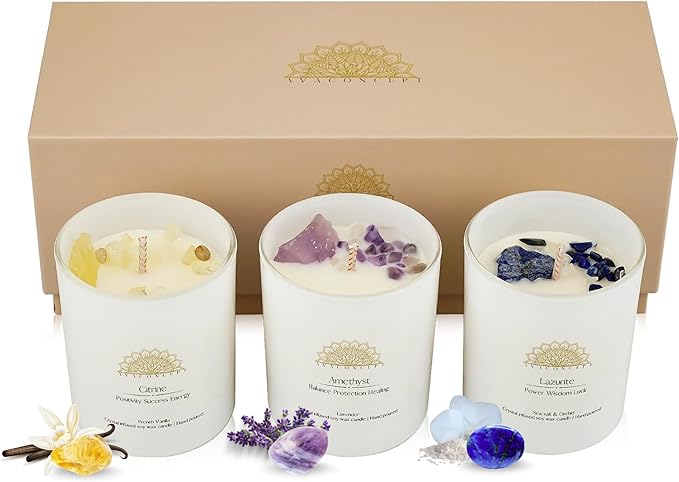 AvaConcept Healing Crystal Candle Gift Set – Set of 3 Citrine, Amethyst & Lazurite Hand-Poured Soy Wax French Vanilla, Lavender & Sea Salt Orchid Aromatherapy Scents 3.5oz Each | Premium Gift Box