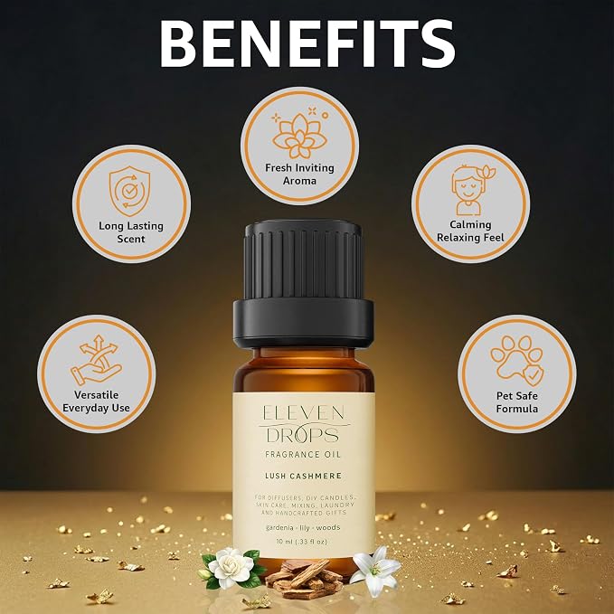 Lush Cashmere Fragrance Oil | Gardenia, Lily & Woods Notes | Long Lasting Scent Reed Diffuser Oil for Home, Office, Hotel, Spa, Car & Linen Spray | Pet Friendly IFRA Compliant, 10 ml