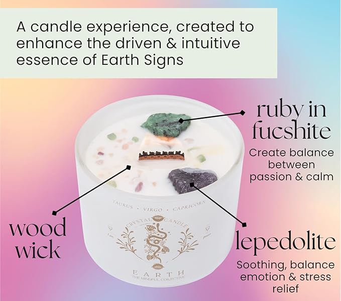 Taurus Virgo Capricorn Gifts for Women - 12oz Wood Wick Candles that Crackle with Crystals and Healing Stones. Healing Crystal Candles for Women Home Scented. Soy Wax, for Zodiac Birthdate