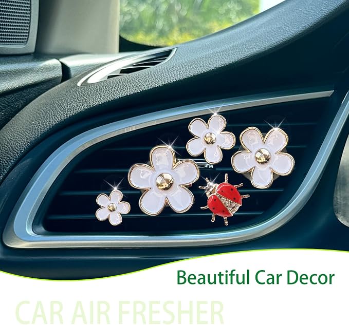 ORIESSE 5pcs Flowers Ladybug Air Vent Clips Car Accessories Set 2pcs White Daisy Flower Car Air Freshener Vent Clips 3pcs Vent Decoration Interior Aesthetic Clips Refillable Diffuser