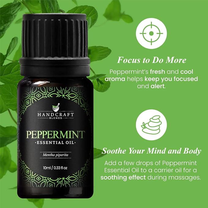 Handcraft Blends Peppermint Essential Oil – 0.33 Fl Oz – 100% Pure and Natural – Premium Grade Essential Oil for Diffuser and Aromatherapy, Skin, Massage, Candle and Soap Making Fragrance