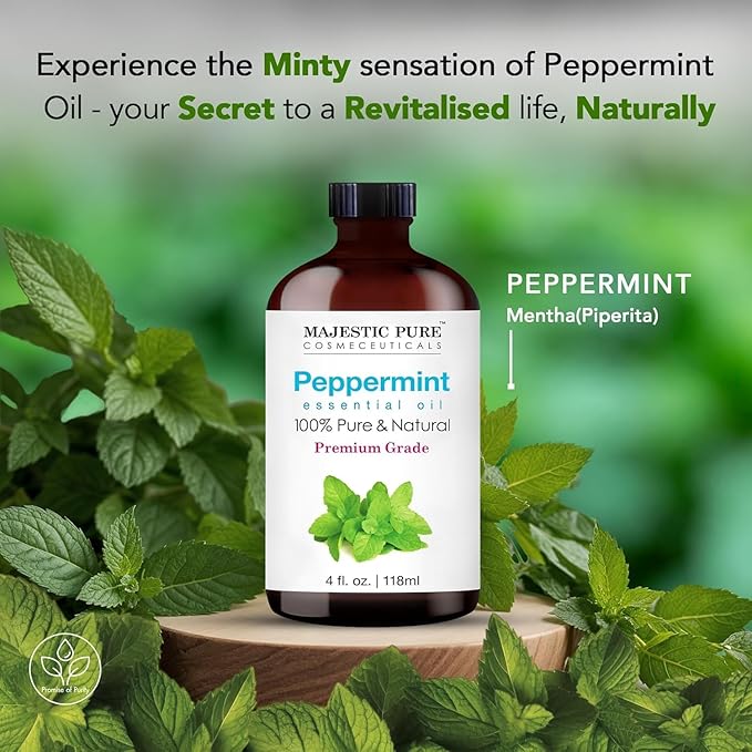 Majestic Pure Essential Oil with Glass Dropper - 100% Pure and Natural - Essential Oils for Diffuser, Aromatherapy, Soap and Candle Making, Peppermint Essential Oil, Peppermint Oil, 4 Fl Oz