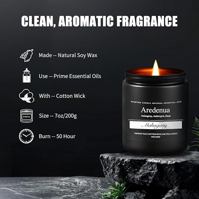 Mahogany Candle | Fathers Day Candle Gift for Dad - Aromatherapy Manly Gifts for Men - Soy Candles for Home Scented, Birthday Day Gift for Dad or Husband - 7oz Natural Soy Wax Candles