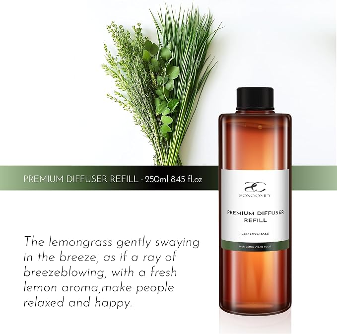 Diffuser Oil Refill, 250ml / 8.45 fl oz, Lemongrass - Reed & Aromatherapy Diffuser Oil, Long-Lasting Home Fragrance, Grapefruit, Lemon & Musk Notes