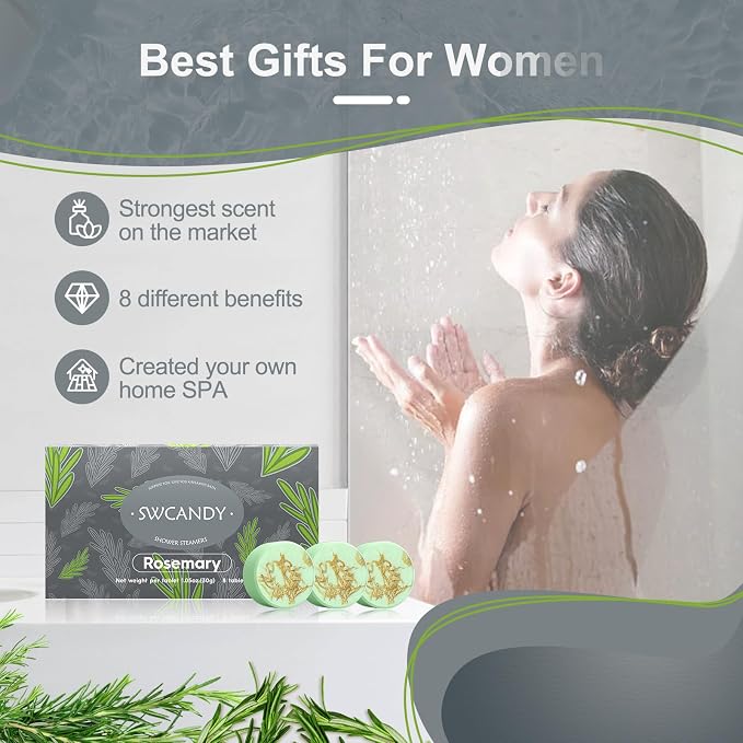 SWCANDY Shower Steamers Aromatherapy Birthday Gifts for Women Travel Essentials, 8 Pcs Rosemary, Bath Bombs Shower Bombs with Natural Essential Oils, Relaxation Home SPA