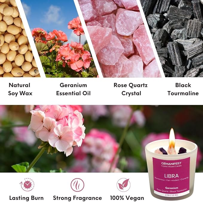 Libra Zodiac Candle with Bracelet Birthday Gifts for Libra Women Men Soy Geranium Scented Manifestation Crystal Candles Astrology Gifts Birthstone Candle