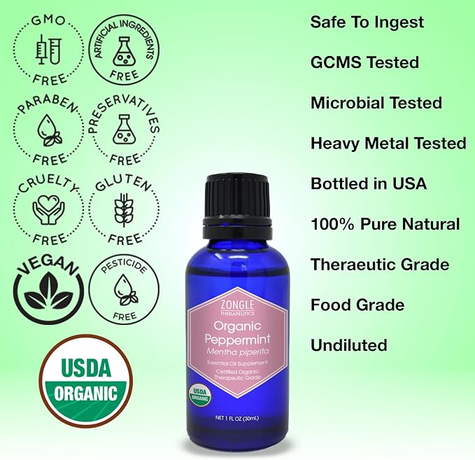 Organic, Peppermint Oil, Food Grade, Edible, for Digestion, IBS, Hair – 100% Pure, Peppermint Essential Oil, Mint Oil, Safe for Ingestion, by Zongle Therapeutics, 1 OZ
