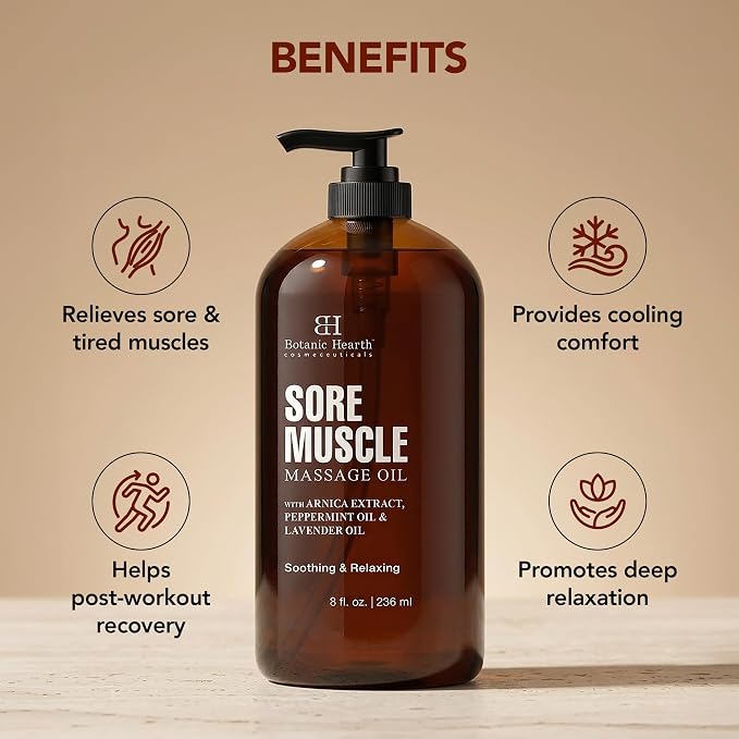 Botanic Hearth Soremuscle Massage Oil 8 Fl Oz| Refreshing, Relaxing Massage Oils for Muscle Relaxing & Joint Comfort | Made with Natural Oils | for All Skin Types, for Men & Women