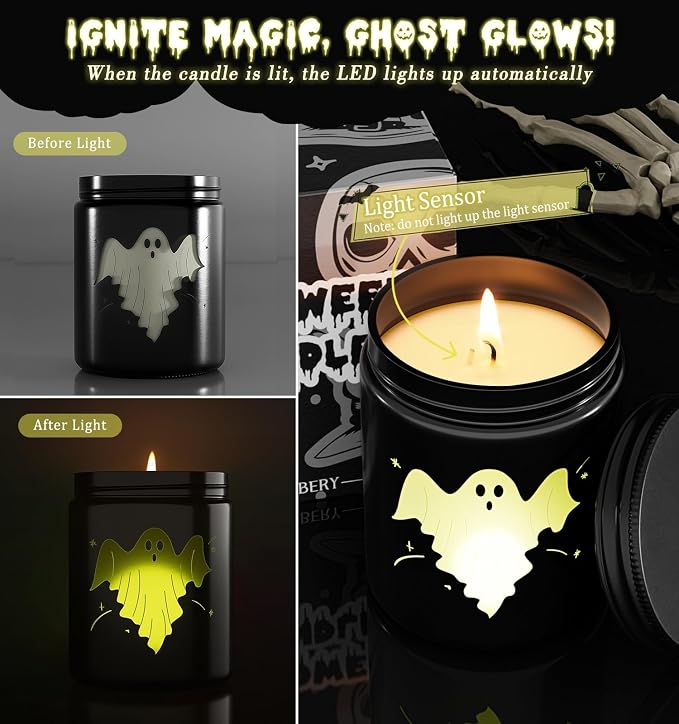 Halloween Decor Indoor-Halloween Gifts Candles for Women with LED Ghost, Ghost Candle with Mint & Musk Scent Over 40 Hours of Burn Time, Gift for Holiday, Home Fall Decorations Indoor, 100% Soy Wax