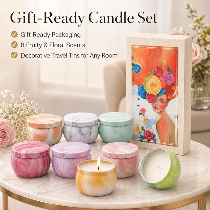 Candles, Scented Candles Gift Set for Women, 8 Pack Fruity Floral Soy Wax Aromatherapy Candles, Travel Tin Candles in Artist Gift Box, Birthday Gifts for Mom, Wife, Sister, Friend, Housewarming