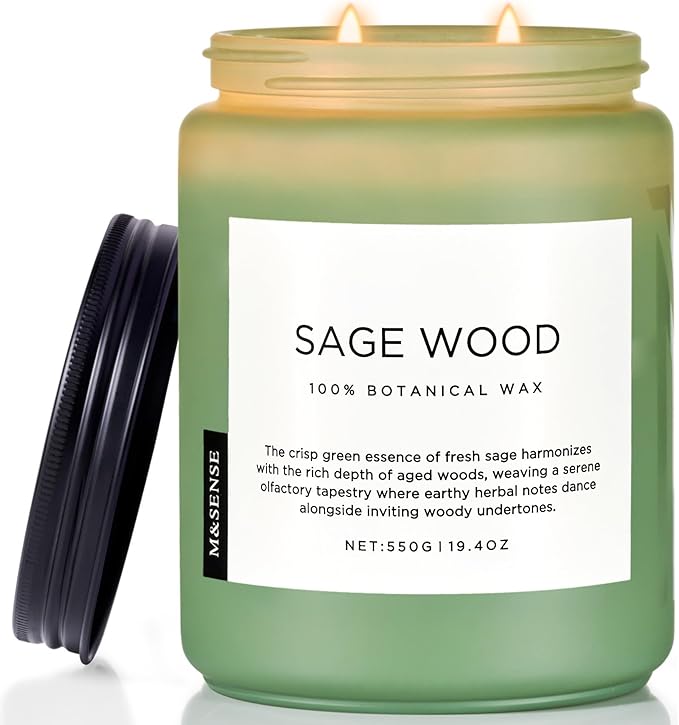 M&SENSE Sage Wood Scented Candles for Home, 19.4oz All Natural Soy Wax, 110 Hours Long Lasting, Clean Non Toxic Candle, Fresh Smelling for Relaxation Stress Relief, Fragrance Gifts for Men Women