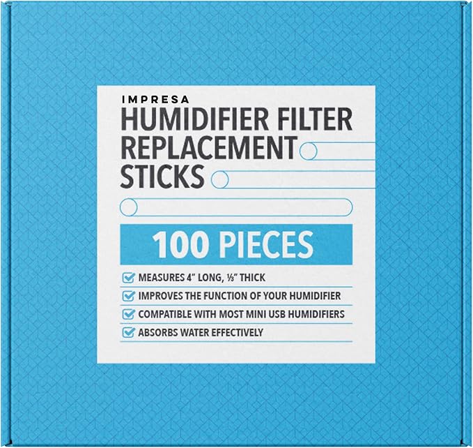 IMPRESA Humidifier Refill Sticks - 4 in x 0.3 in, Pack of 100 - Fast Soak Porous Absorption with Cotton Filter Sticks - Universal Fit & Filter for Mini Humidifier & Diffuser
