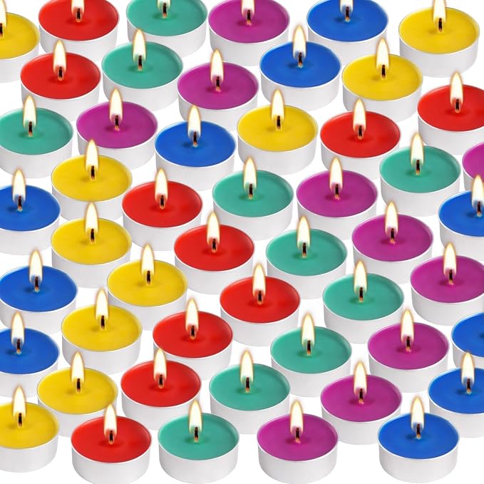 50 Pack Unscented Assorted Colors Tealights Candle - 4+Hour Clean-Burning Votive Smokeless Tea Lights for Home Decor, Rituals, Shabbat & Anniversaries & Relaxation.