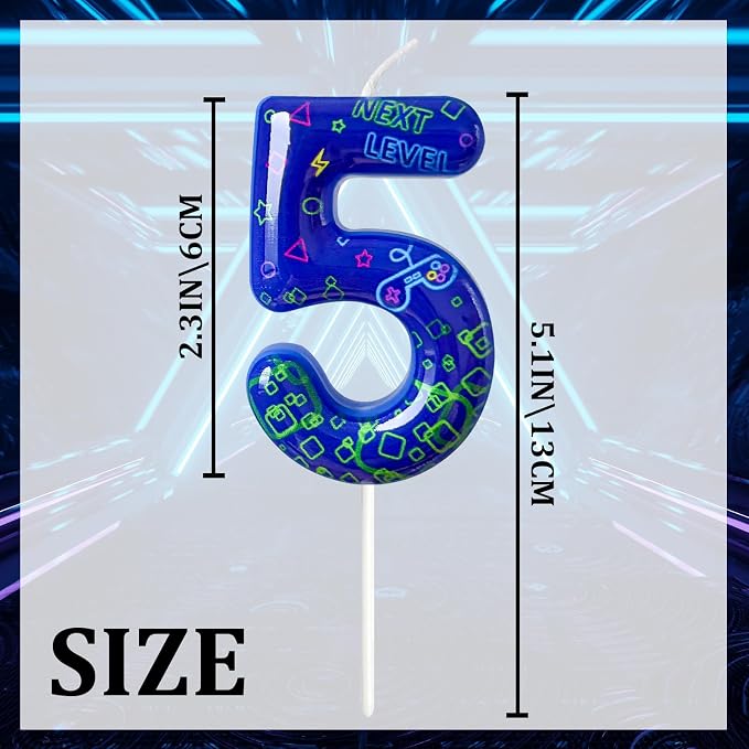 Number 5 Birthday Candle for Cake – Blue Gaming Theme Number Candle with “Next Level” Design, Video Game Style Cake Topper for Anniversary & Celebration