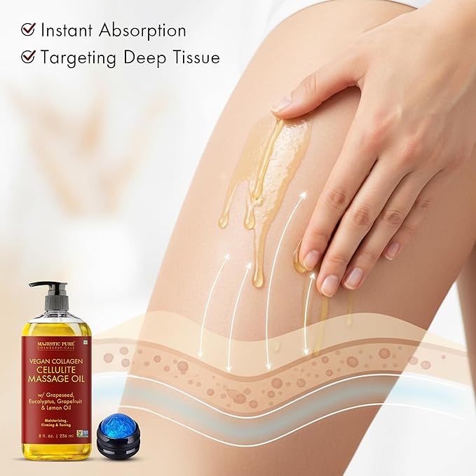 Majestic Pure Cellulite Massage Oil for Massage Therapy- Refreshing and Relaxing- Natural Oils with Grapeseed, Eucalyptus, Grapefruit & Lemon Oil- All Skin Types- Men and Women Massage Lotion- 8 fl oz