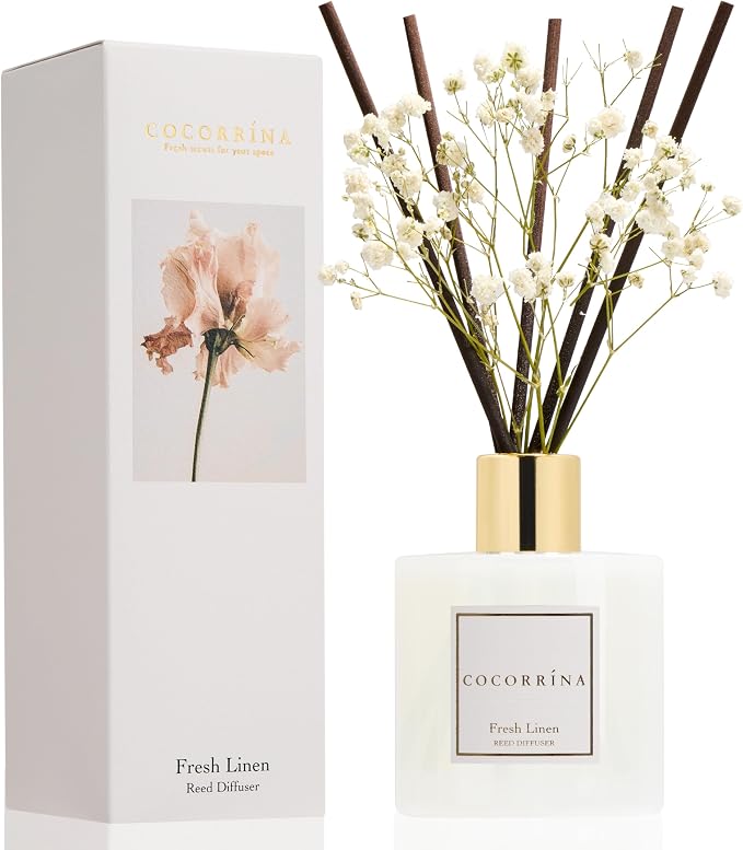 COCORRÍNA Reed Diffuser - Fresh Linen 6.7 fl oz Reed Diffuser with Sticks, Home Bedrrom Bathroom Shelf Decor