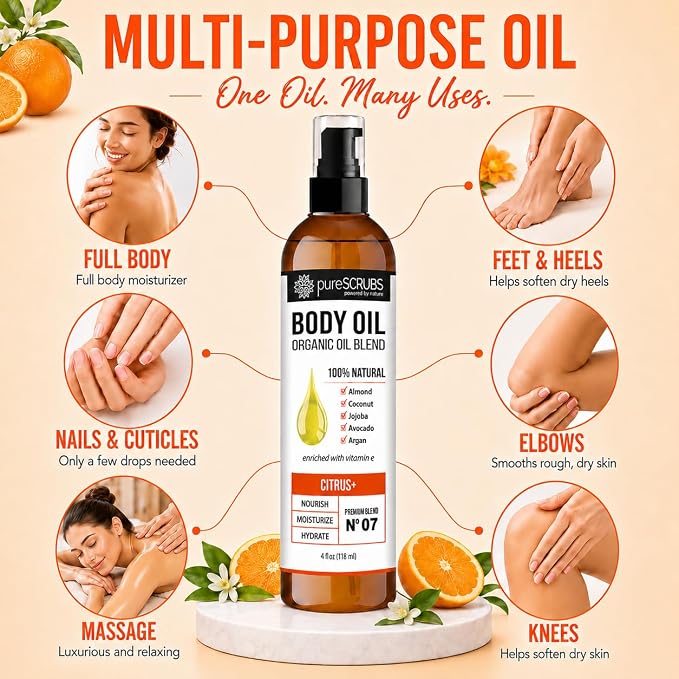 pureSCRUBS Ultra Moisturizing Citrus Body Oil for Dry Skin, Lightweight Full Body Moisturizer for Soft, Silky Skin, Massage & Cuticle Oil, Vitamin E Enriched, 4 oz