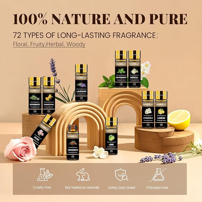 Essential Oils Set, 72 Pcs Pure Aromatherapy Essential Oil Kit, Natural Fragrance Oils for Diffuser, Humidifier, Massage, Skin & Hair Care, Soap, Candle Making, Gift Box for Men & Women(72 * 5ML)
