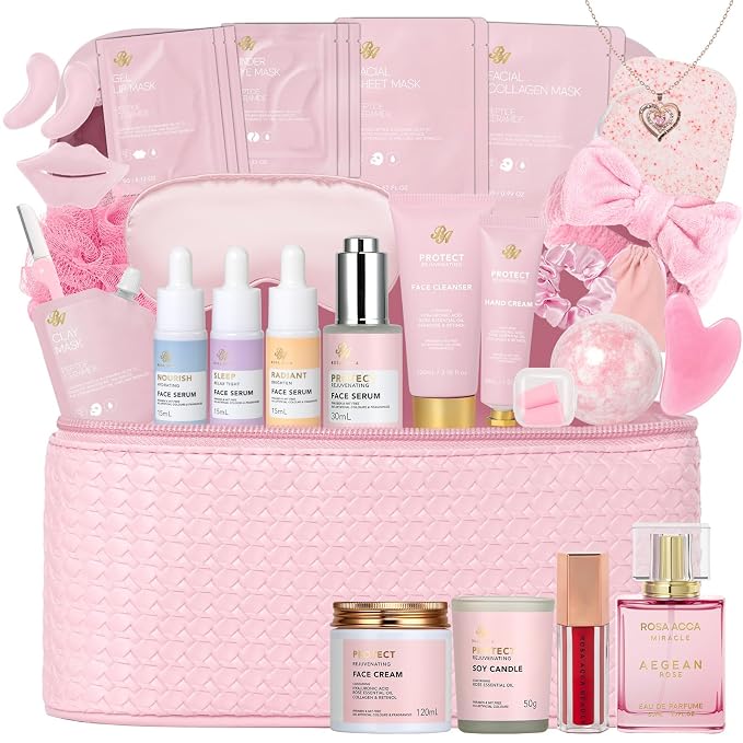 Gifts for Women, Birthday Gifts, 33 Pcs Rose Hydrating Face Skin Care Gifts Set, Bath & Body Spa Gifts Basket Set for Women, Beauty Care Kit, Makeup Bag, Face Serum, Christmas, Anniversary, Wife, Mom