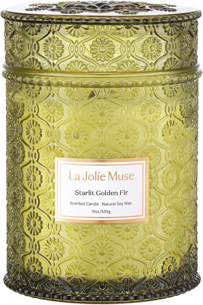 LA JOLIE MUSE Starlit Fir Pine Scented Candle for Home | Balsam & Cedarwood | Christmas Winter Holiday | 19 oz Non Toxic Natural Soy | Large Green Jar Candle | Luxury Gifts | Wood Wick