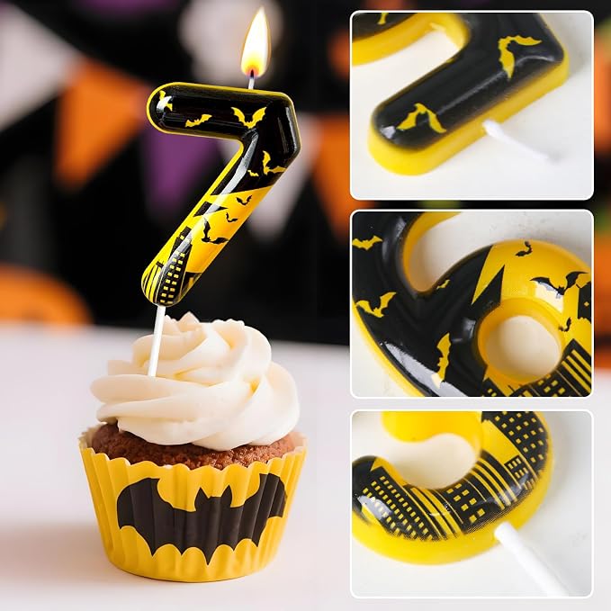 Black Yellow Number 7 Birthday Candle for Cake – Dark Night Hero Style with Bat & City Silhouette Design – Unique Cake Topper for Birthday, Anniversary, Themed Party Decoration