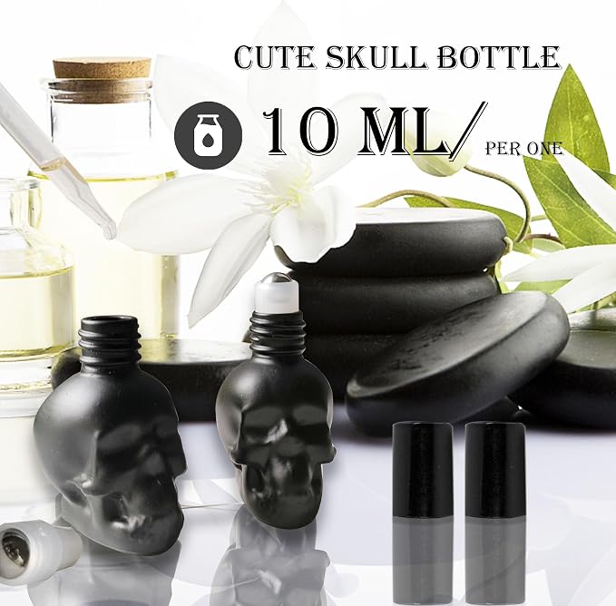 7 pcs Set 10ml Mini Skull Glass Oil Roller Bottles Leakproof Essential Oils Bottle for Storage and Travel (black)