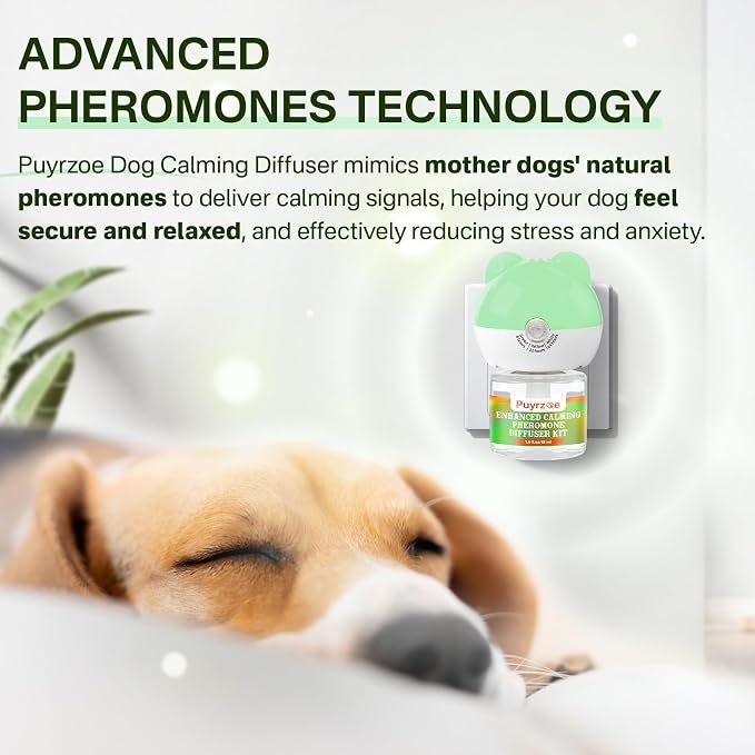 puyrzoe Dog Calming Diffuser with Timing Functions, 6-in-1 Dog Anxiety Relief Diffuser Kit, 120-Day Anxiety Relief, Stress Relaxation Pheromones Calming for All Dogs (2 Diffusers + 4 Refills)