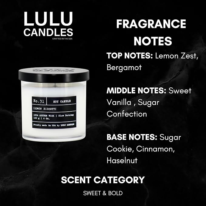 Lulu Candles | Lemon Biscotti | Luxury Scented Soy Jar Candle | Hand Poured in The USA | Highly Scented & Long Lasting (6 Oz.)