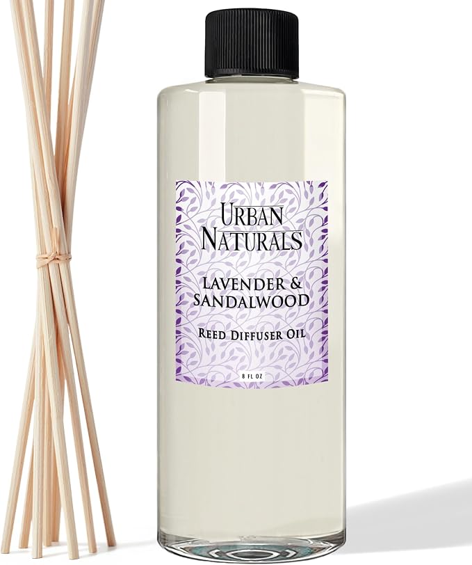 Urban Naturals Reed Diffuser Oil Refill Lavender Sandalwood with Golden Amber, Exotic Woods, Patchouli 8 oz + Free Reed Sticks, Made in the USA